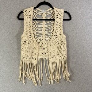 Celesta vest womens one size ivory knit crochet open fringe boho
